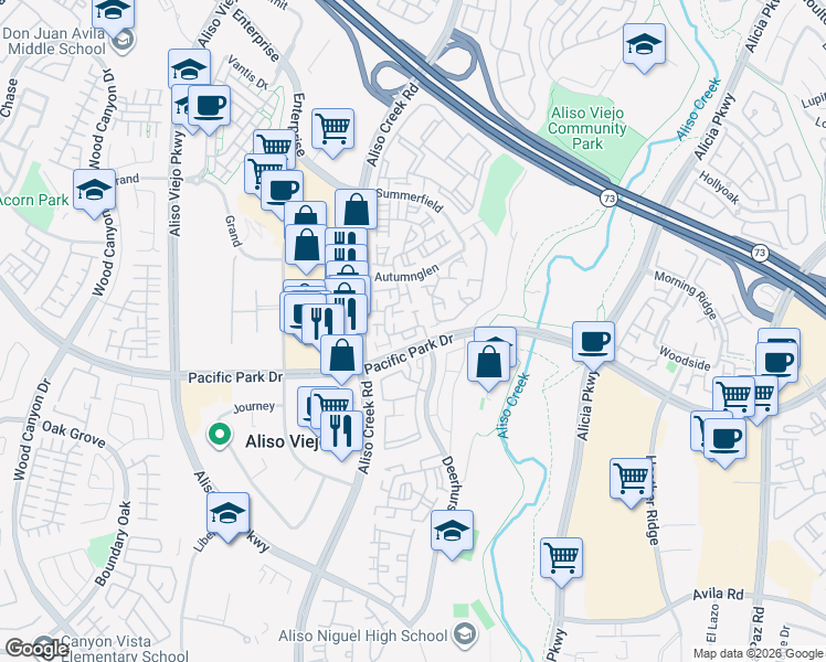map of restaurants, bars, coffee shops, grocery stores, and more near 21 Opera Lane in Aliso Viejo