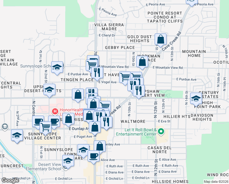 map of restaurants, bars, coffee shops, grocery stores, and more near 9237 North 8th Street in Phoenix