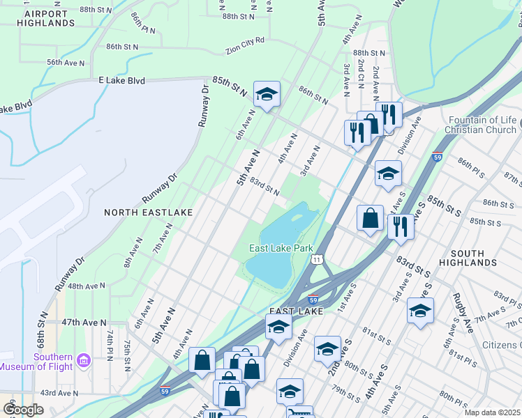 map of restaurants, bars, coffee shops, grocery stores, and more near 8217 4th Avenue North in Birmingham