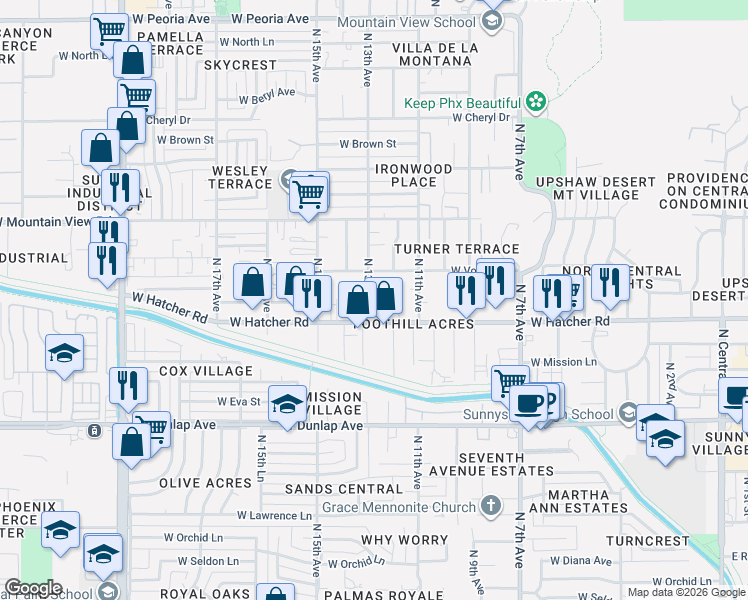 map of restaurants, bars, coffee shops, grocery stores, and more near 9411 North 13th Avenue in Phoenix