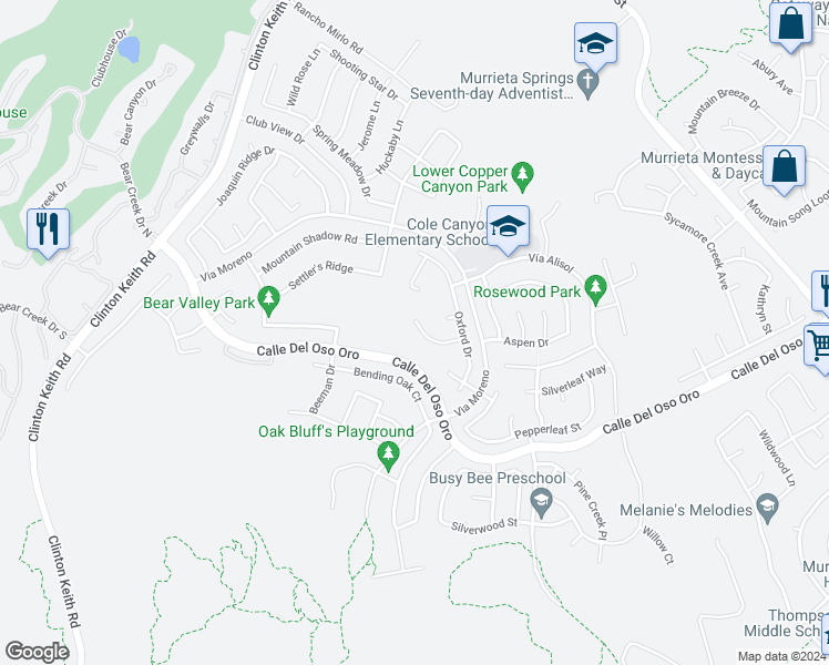map of restaurants, bars, coffee shops, grocery stores, and more near 23431 Canterbury Way in Murrieta