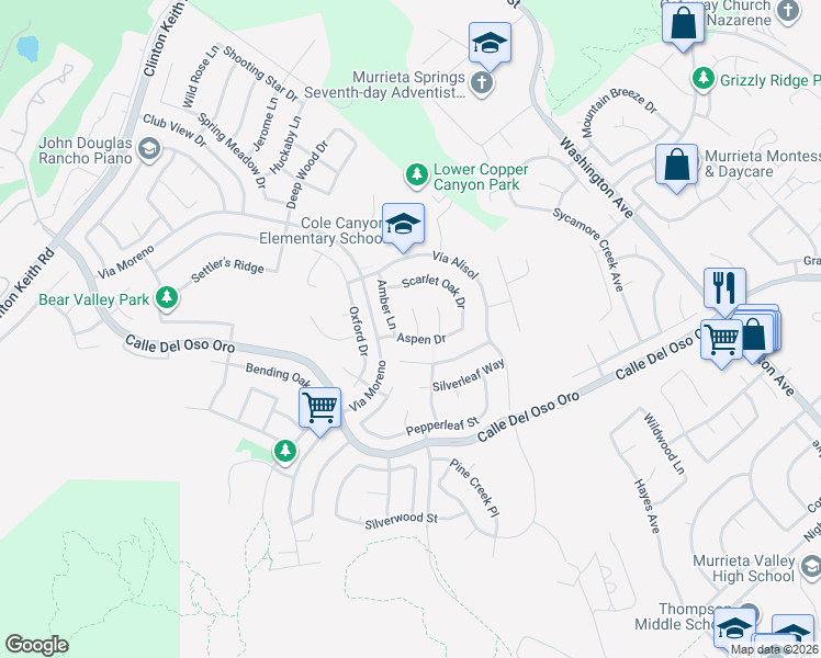 map of restaurants, bars, coffee shops, grocery stores, and more near 37785 Spruce Court in Murrieta