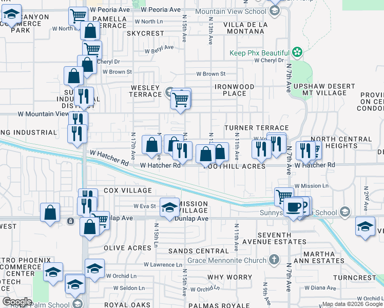map of restaurants, bars, coffee shops, grocery stores, and more near 1450 West Hatcher Road in Phoenix