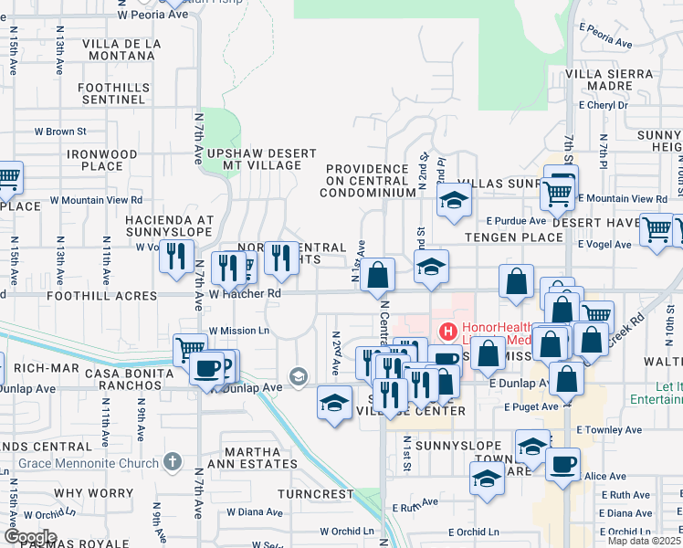 map of restaurants, bars, coffee shops, grocery stores, and more near 9400 North 1st Avenue in Phoenix