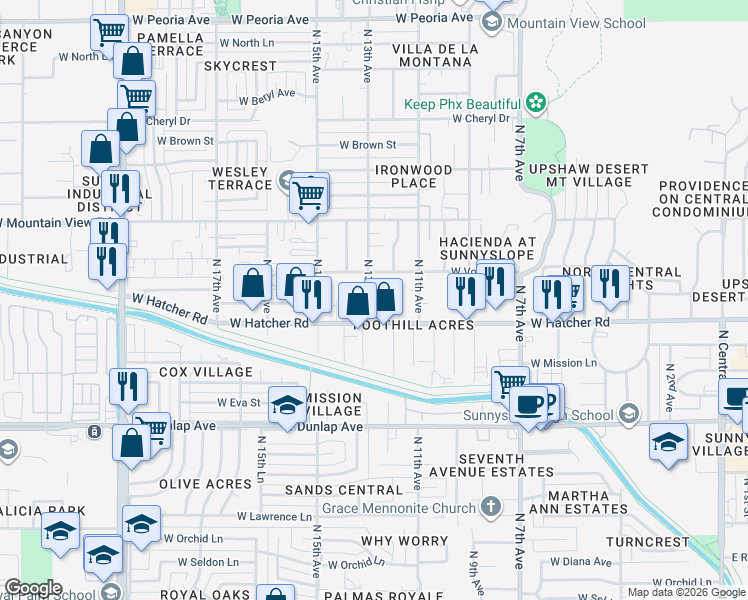 map of restaurants, bars, coffee shops, grocery stores, and more near 9411 North 13th Avenue in Phoenix
