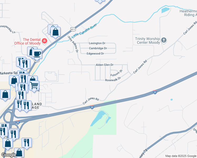 map of restaurants, bars, coffee shops, grocery stores, and more near 2174 Parsons Drive in Moody