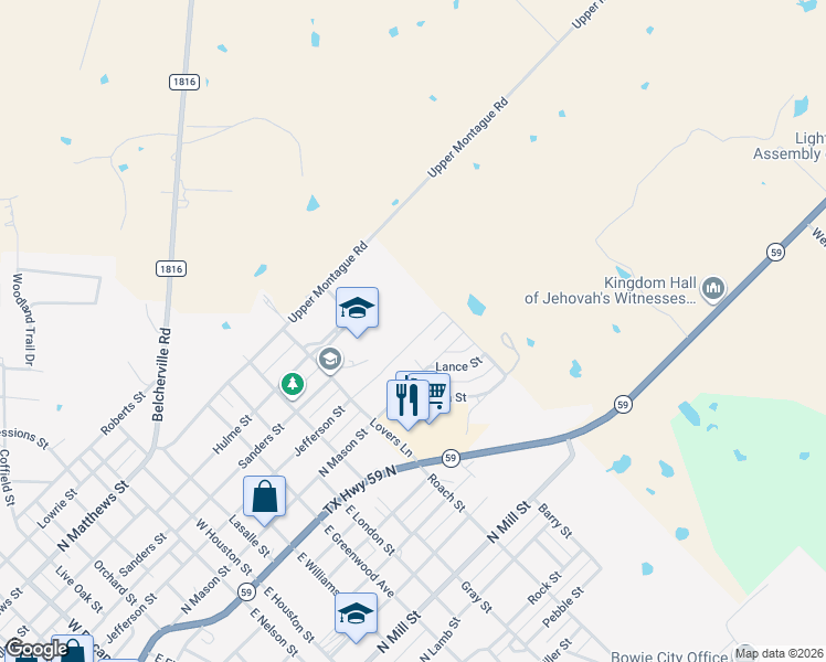 map of restaurants, bars, coffee shops, grocery stores, and more near 1602 Jefferson Street in Bowie