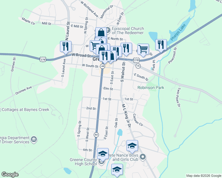 map of restaurants, bars, coffee shops, grocery stores, and more near Elm Street in Greensboro