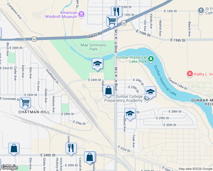 map of restaurants, bars, coffee shops, grocery stores, and more near 1504 East 25th Street in Lubbock