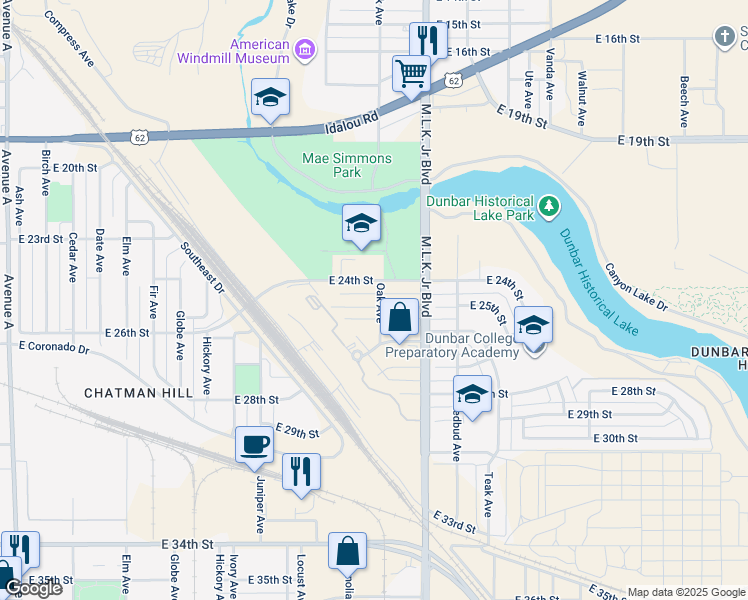 map of restaurants, bars, coffee shops, grocery stores, and more near 1504 East 25th Street in Lubbock