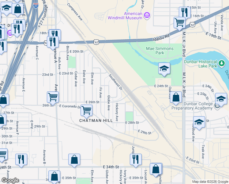 map of restaurants, bars, coffee shops, grocery stores, and more near 2415 Hickory Avenue in Lubbock