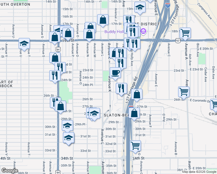 map of restaurants, bars, coffee shops, grocery stores, and more near 1206 25th St in Lubbock