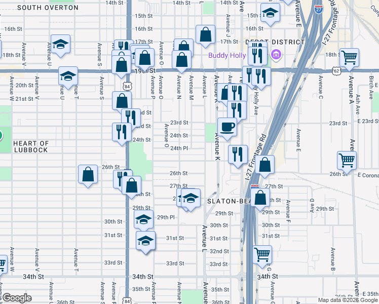 map of restaurants, bars, coffee shops, grocery stores, and more near 1318 25th Street in Lubbock