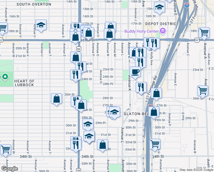 map of restaurants, bars, coffee shops, grocery stores, and more near 1506 25th Street in Lubbock