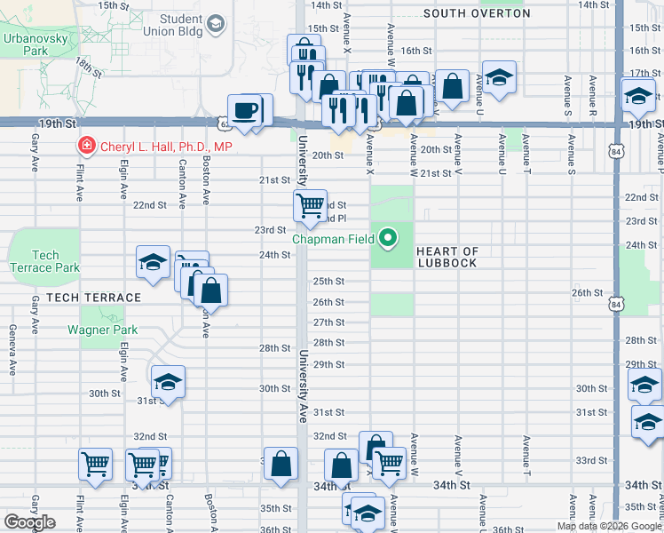 map of restaurants, bars, coffee shops, grocery stores, and more near 2428 25th Street in Lubbock