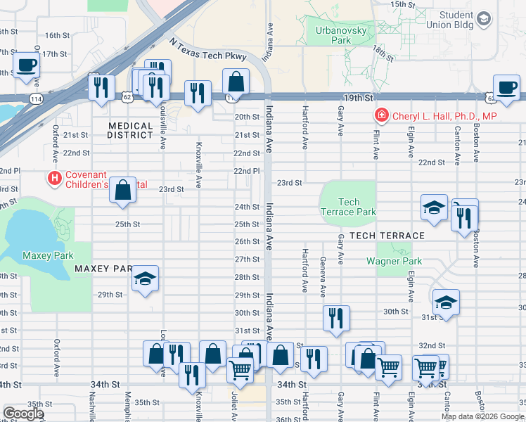 map of restaurants, bars, coffee shops, grocery stores, and more near 3318 25th Street in Lubbock