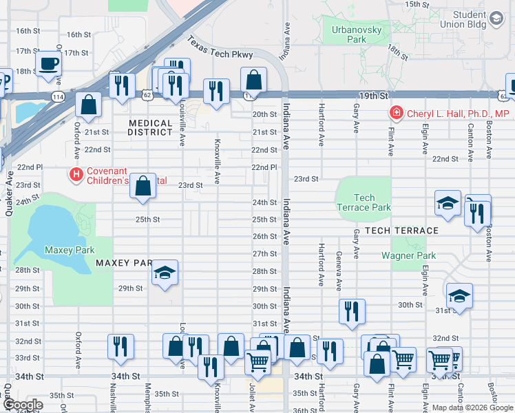 map of restaurants, bars, coffee shops, grocery stores, and more near 3412 25th Street in Lubbock