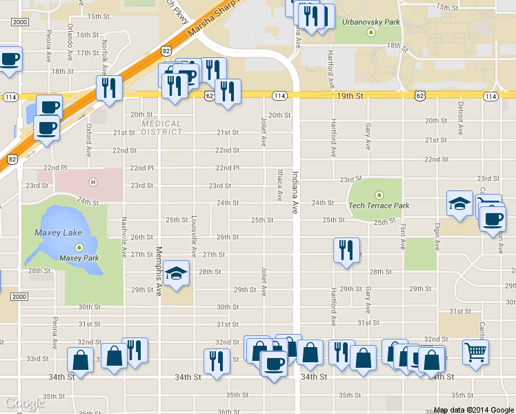 map of restaurants, bars, coffee shops, grocery stores, and more near 3506 25th Street in Lubbock