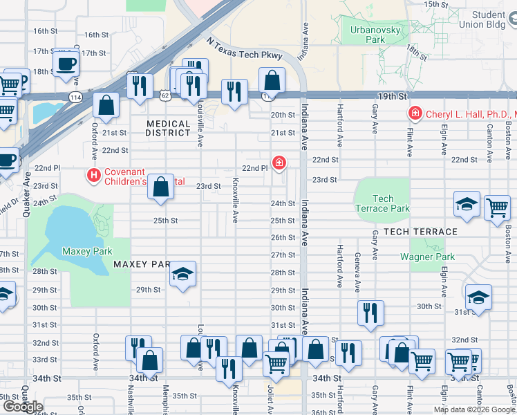 map of restaurants, bars, coffee shops, grocery stores, and more near 3506 25th Street in Lubbock