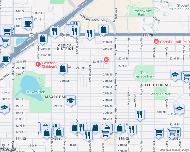 map of restaurants, bars, coffee shops, grocery stores, and more near 3520 25th Street in Lubbock