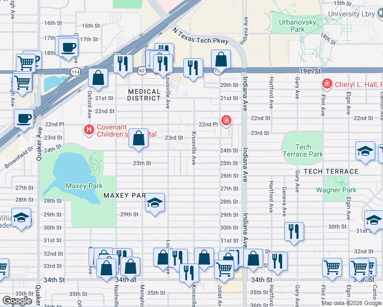 map of restaurants, bars, coffee shops, grocery stores, and more near 3520 25th Street in Lubbock