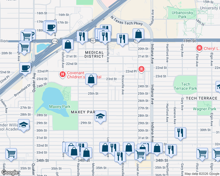 map of restaurants, bars, coffee shops, grocery stores, and more near 2504 Kenosha Avenue in Lubbock
