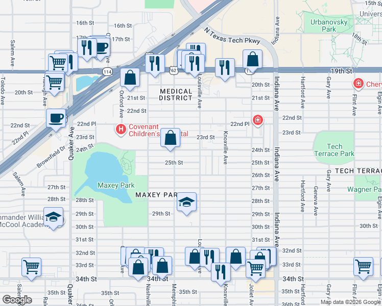 map of restaurants, bars, coffee shops, grocery stores, and more near 3708 25th Street in Lubbock