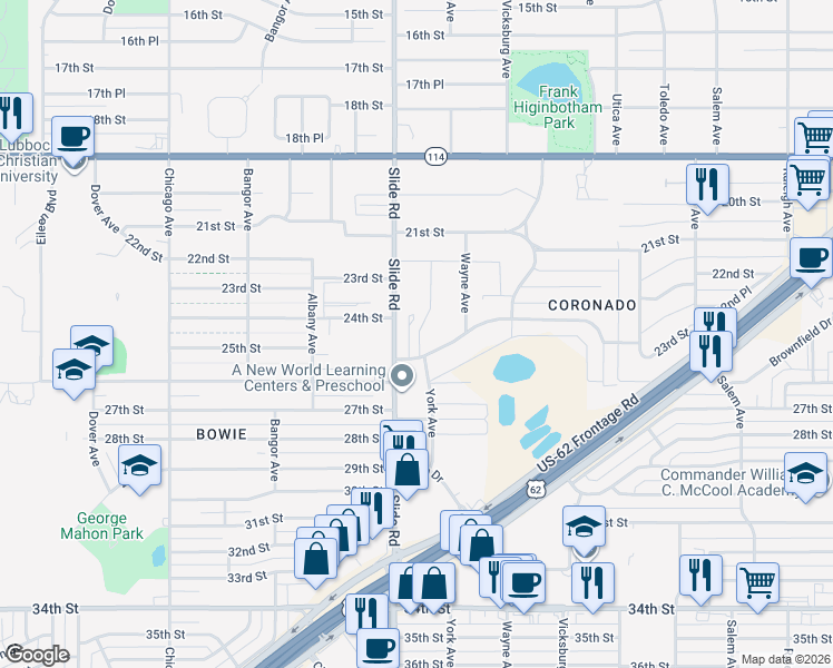 map of restaurants, bars, coffee shops, grocery stores, and more near 2312 York Avenue in Lubbock