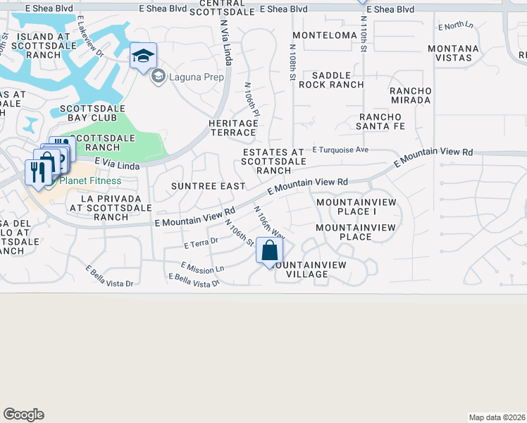 map of restaurants, bars, coffee shops, grocery stores, and more near 10634 East Terra Drive in Scottsdale