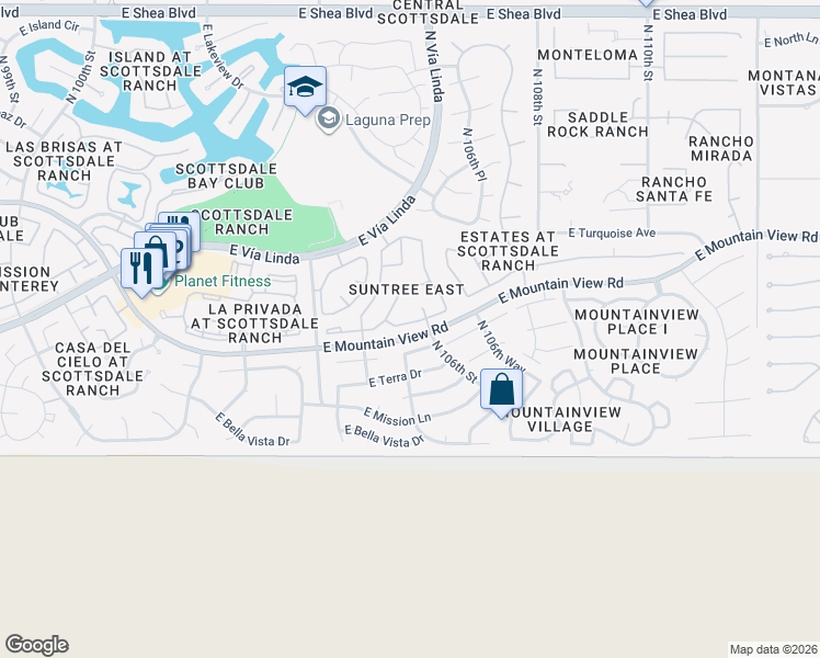 map of restaurants, bars, coffee shops, grocery stores, and more near 9360 North 105th Place in Scottsdale