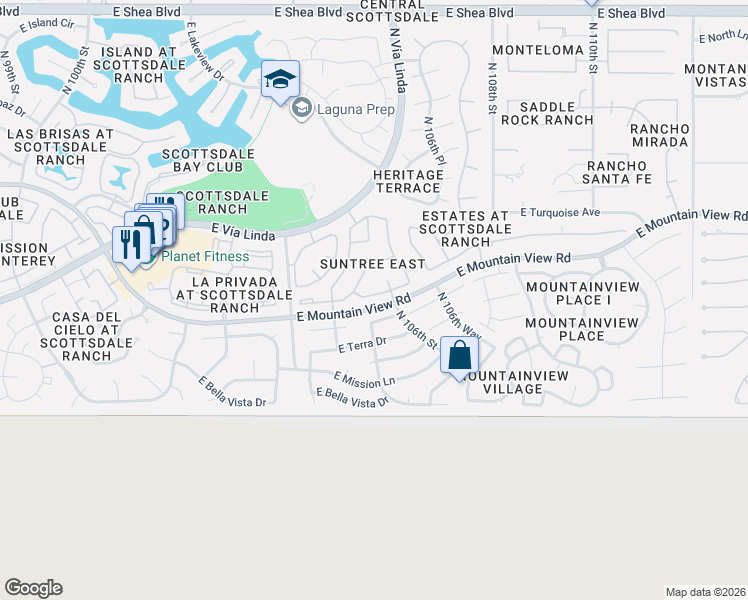 map of restaurants, bars, coffee shops, grocery stores, and more near 9360 North 105th Place in Scottsdale