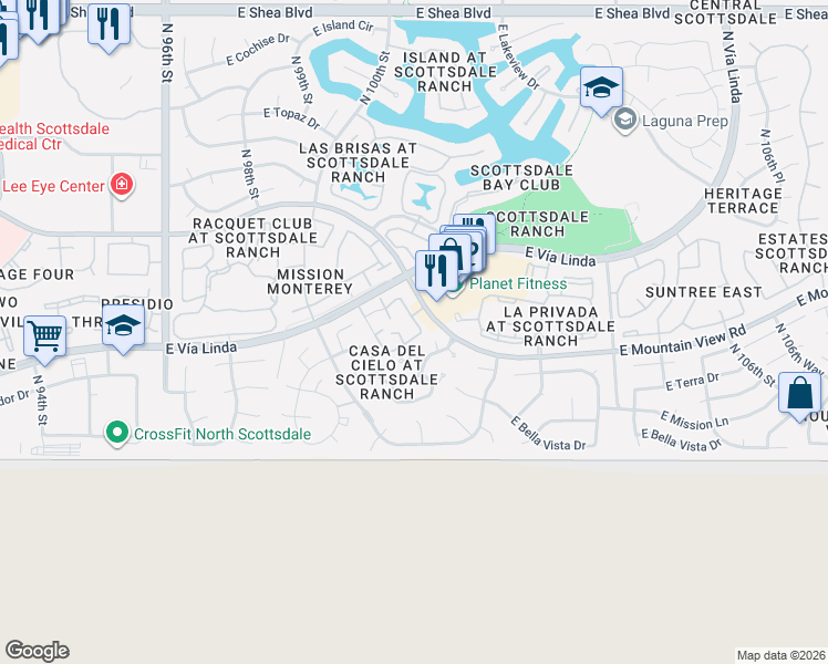 map of restaurants, bars, coffee shops, grocery stores, and more near 9215 North 101st Street in Scottsdale