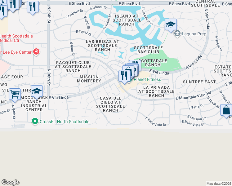 map of restaurants, bars, coffee shops, grocery stores, and more near 9215 North 101st Street in Scottsdale