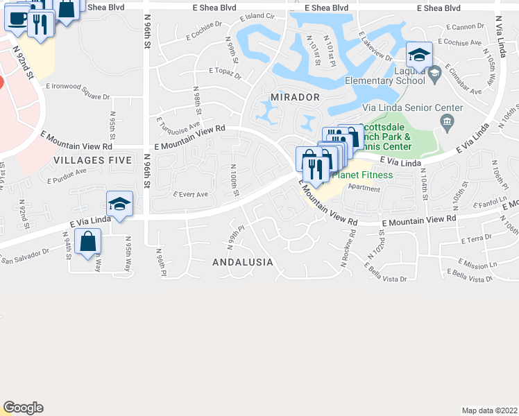 map of restaurants, bars, coffee shops, grocery stores, and more near 9285 North 100th Place in Scottsdale