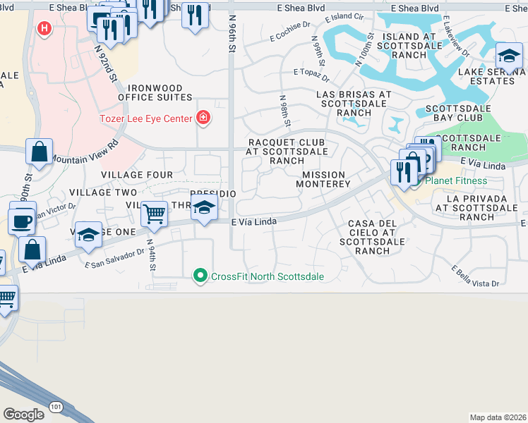 map of restaurants, bars, coffee shops, grocery stores, and more near 9724 East San Salvador Drive in Scottsdale