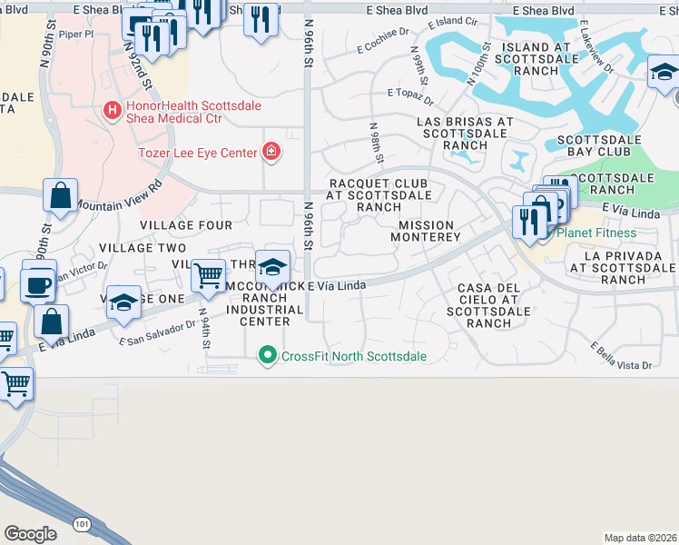 map of restaurants, bars, coffee shops, grocery stores, and more near 9380 North 96th Place in Scottsdale