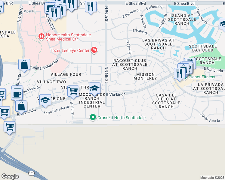 map of restaurants, bars, coffee shops, grocery stores, and more near 9380 North 96th Place in Scottsdale