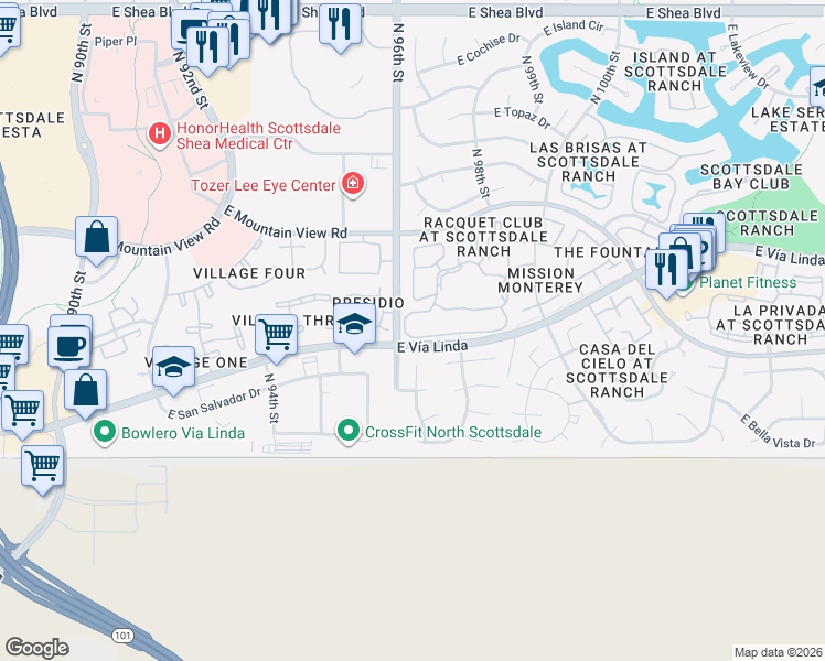 map of restaurants, bars, coffee shops, grocery stores, and more near 9380 North 96th Place in Scottsdale