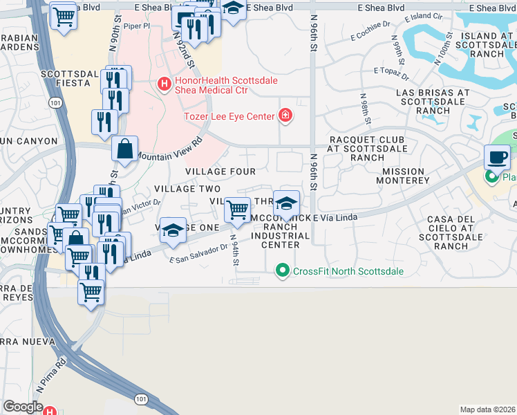 map of restaurants, bars, coffee shops, grocery stores, and more near 9445 North 94th Place in Scottsdale