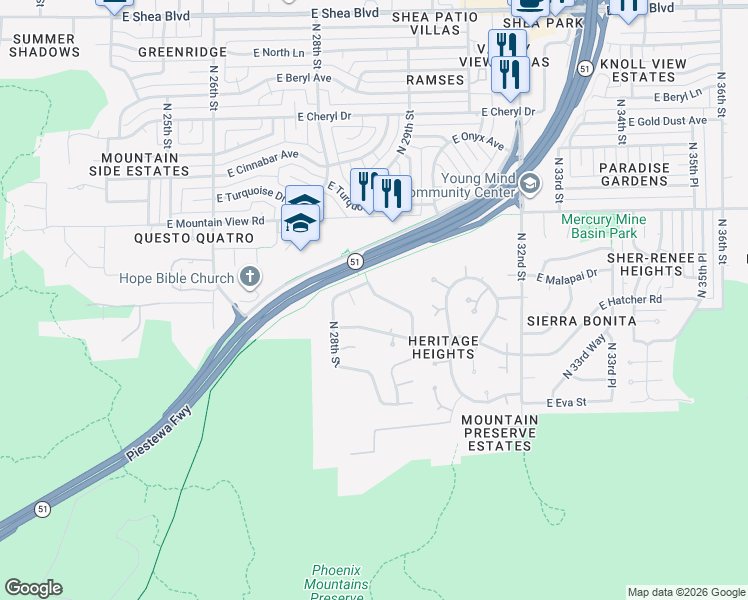 map of restaurants, bars, coffee shops, grocery stores, and more near 9220 North 28th Place in Phoenix