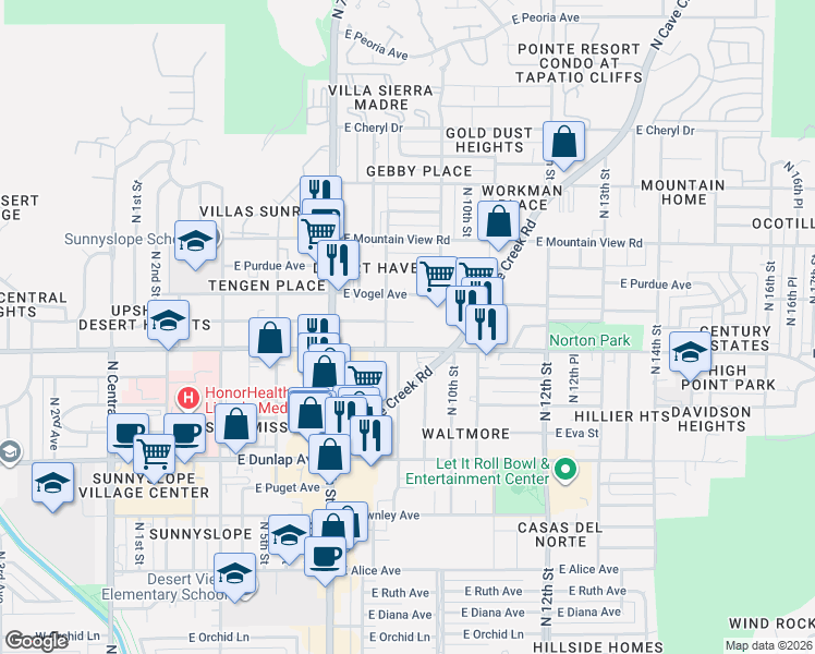 map of restaurants, bars, coffee shops, grocery stores, and more near 9237 North 8th Street in Phoenix