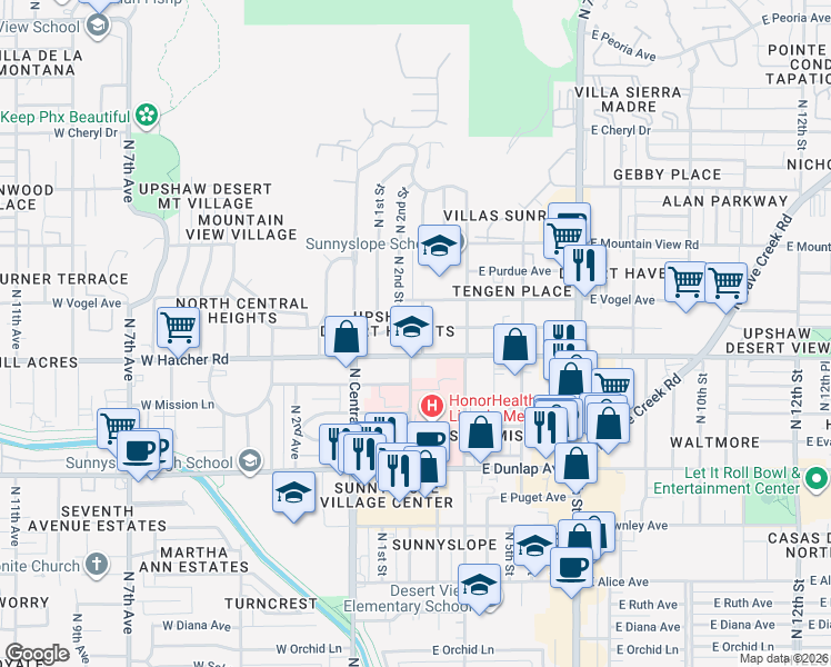 map of restaurants, bars, coffee shops, grocery stores, and more near 204 East Hatcher Road in Phoenix