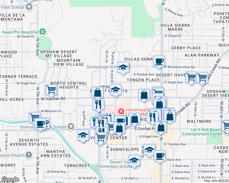 map of restaurants, bars, coffee shops, grocery stores, and more near 32 East Hatcher Road in Phoenix