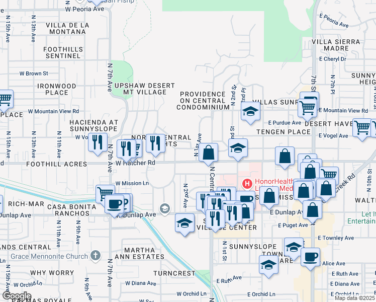 map of restaurants, bars, coffee shops, grocery stores, and more near 9400 North 1st Avenue in Phoenix