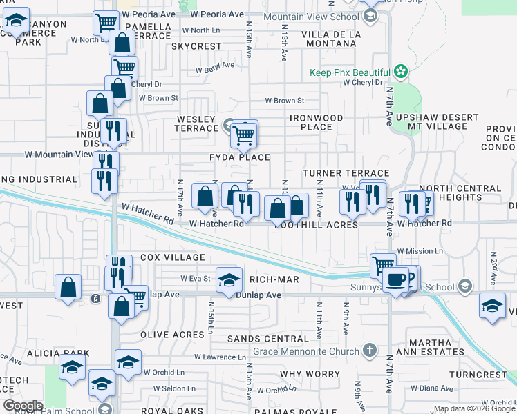 map of restaurants, bars, coffee shops, grocery stores, and more near 1450 West Hatcher Road in Phoenix