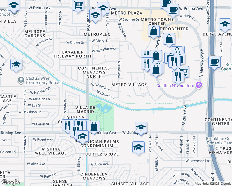 map of restaurants, bars, coffee shops, grocery stores, and more near 3321 West Carol Avenue in Phoenix
