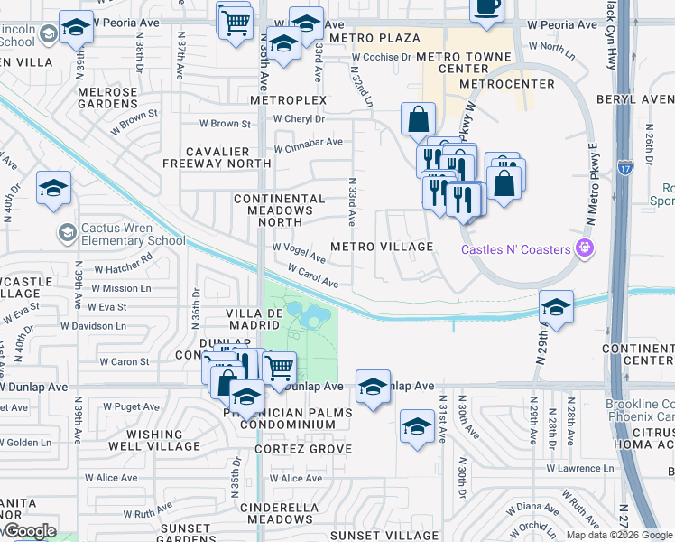 map of restaurants, bars, coffee shops, grocery stores, and more near 3321 West Carol Avenue in Phoenix
