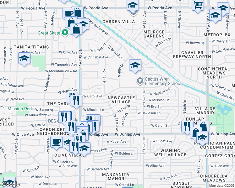 map of restaurants, bars, coffee shops, grocery stores, and more near 9240 North 40th Drive in Phoenix