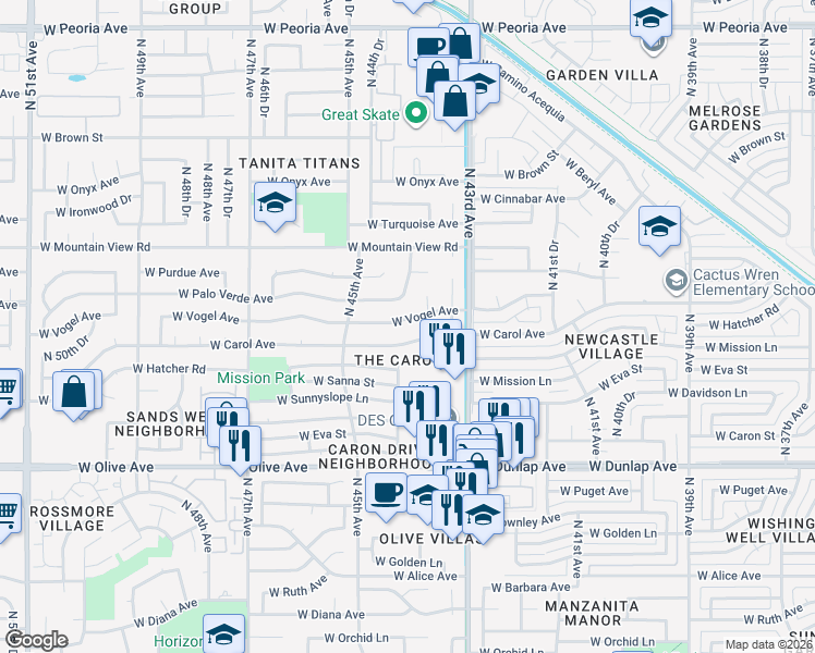 map of restaurants, bars, coffee shops, grocery stores, and more near 4339 West Carol Avenue in Glendale