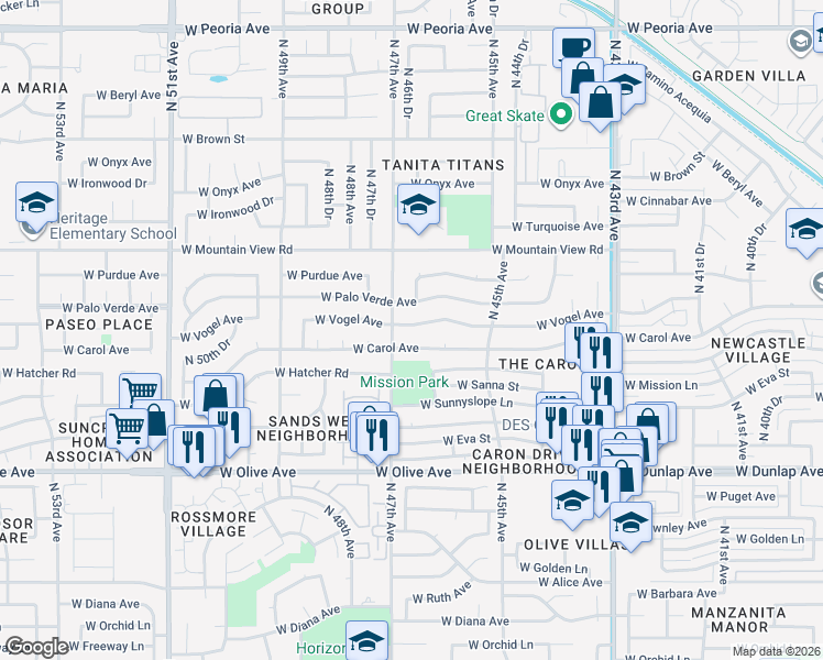 map of restaurants, bars, coffee shops, grocery stores, and more near 4627 West Carol Avenue in Glendale